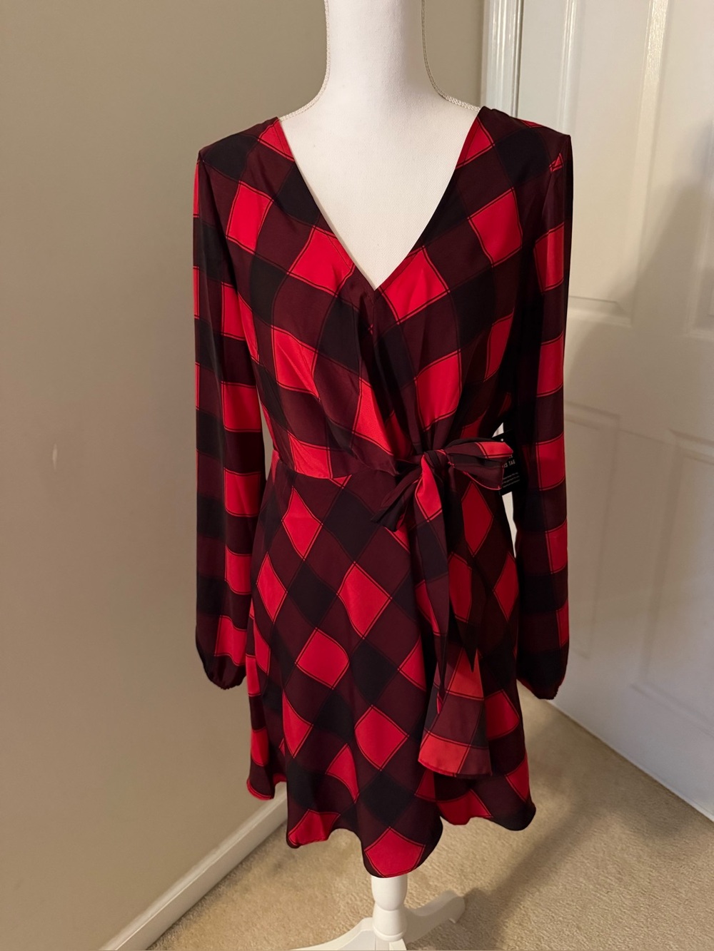 Express Red and Black Plaid Wrap Dress with Waist Tie